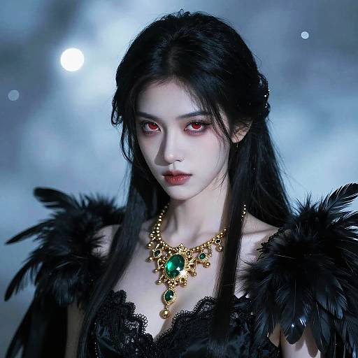 Fantasy Portrait of Woman with Red Eyes and Feathered Dress