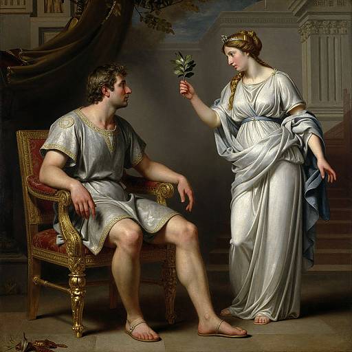 Classical painting of a fair-skinned woman in a silver gown offering a laurel to a muscular man in a similar dress, seated on a gold