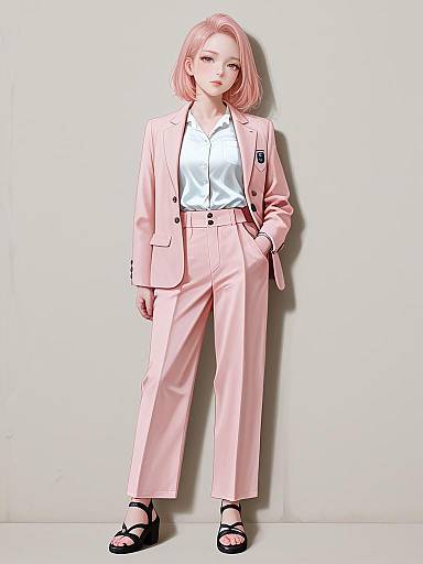 Digital artwork of a pink-haired woman in a pink suit, white shirt, and black sandals, standing against a plain white wall.