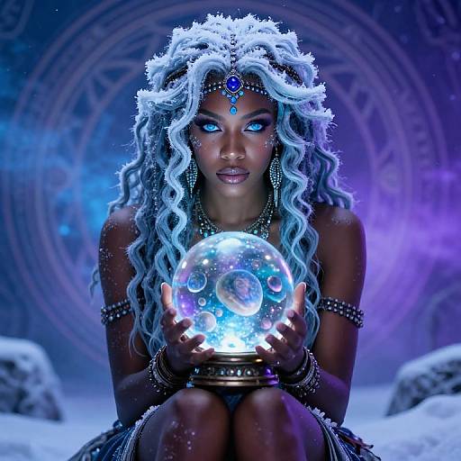 Digital art of a dark-skinned woman with glowing blue eyes, white curly hair, and blue gem jewelry, holding a glowing orb, set against a