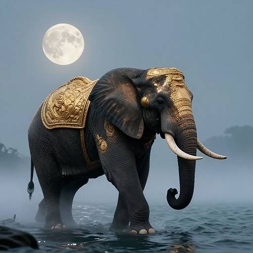 Photograph of an ornate, gold-decorated elephant with large white tusks standing in misty water under a full moon.