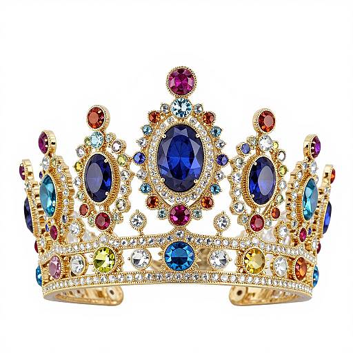 Photograph of a lavish golden crown adorned with large, colorful gemstones—deep blue, red, yellow, and blue—surrounded by smaller diamonds