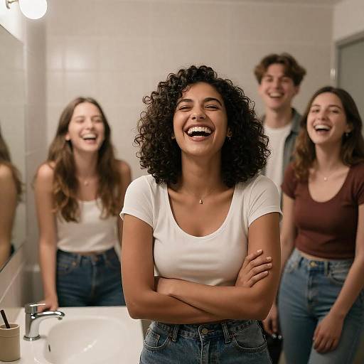 Group of Young Adults Laughing in Bathroom