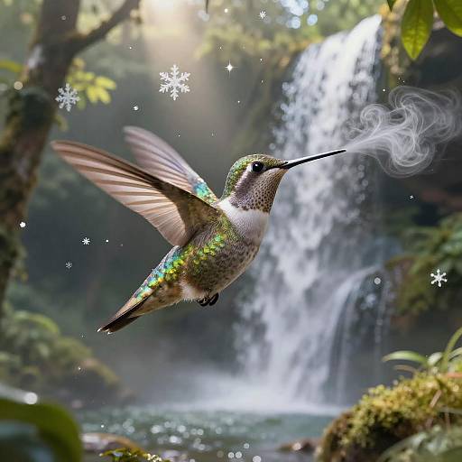 Photograph of a vibrant hummingbird with iridescent green feathers, hovering near a misty waterfall in a lush, forested area, with sparkling