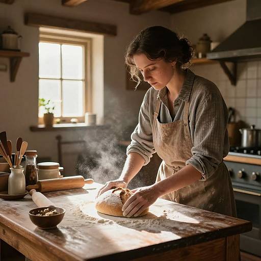 Photograph of a young woman with curly brown hair, wearing a gray apron, rolling dough on a sunlit wooden kitchen island, steam rising,