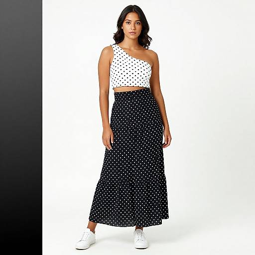 Photograph of a confident woman with medium brown skin and wavy black hair, wearing a white polka dot crop top, black polka dot high