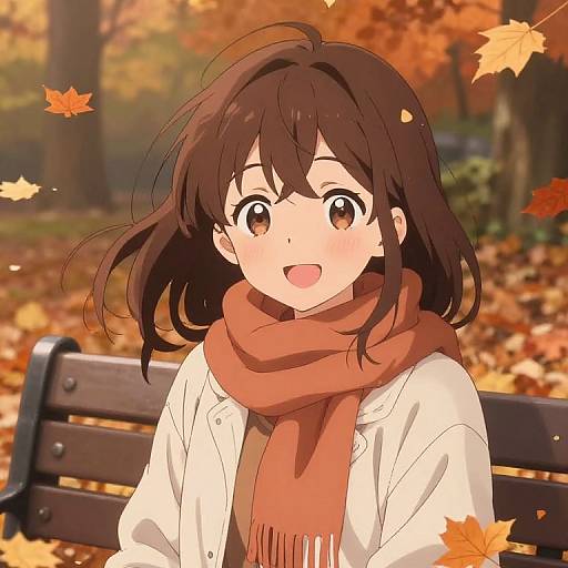 Anime-style drawing of a smiling girl with brown hair, wearing a white coat and orange scarf, surrounded by autumn leaves.