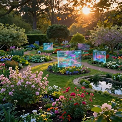 Photograph of a vibrant, sunlit garden with colorful flowers, crystal-like display panels, a small pond, and trees in the background.