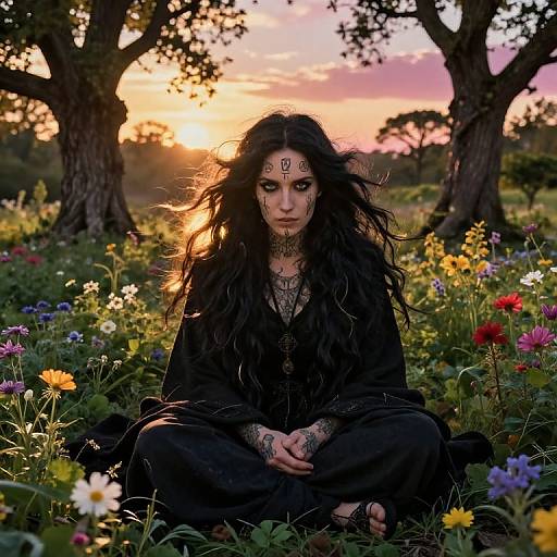 Photograph of a mystical woman with long black hair, dark robes, and face paint, sitting in a colorful flower meadow at sunset, surrounded by