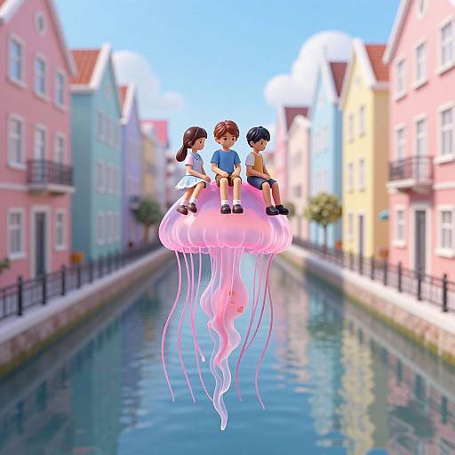 Digital artwork: Two children, one girl with brown hair and one boy with black hair, sitting on a pink jellyfish above a canal between colorful,