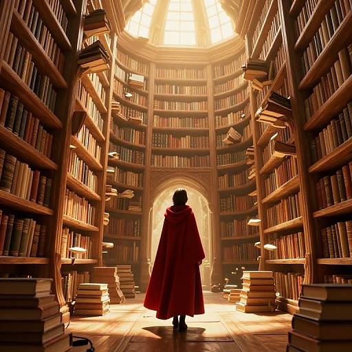 Digital art of a silhouetted figure in a red cloak standing in a grand, sunlit library with towering bookshelves and scattered books.