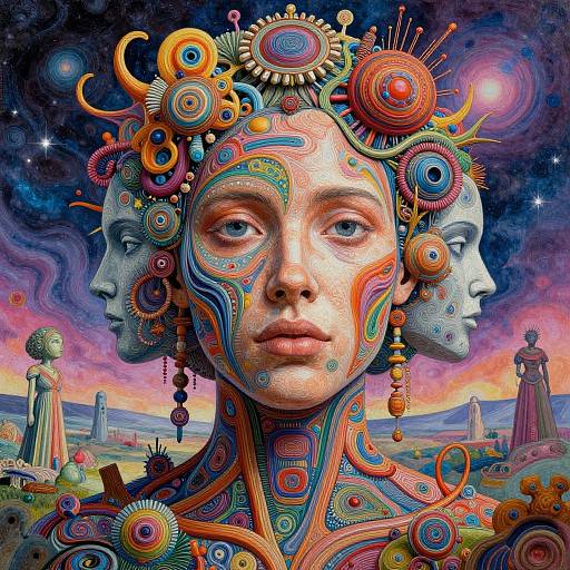 Surreal digital artwork of a face adorned with vibrant, intricate gears and patterns, set against a cosmic sky and surreal landscape.