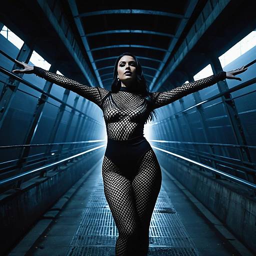 Woman in Sheer Fishnet Dress in Underpass