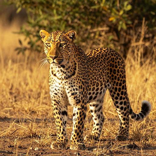 Photograph of a Leopard standing in a sunlit savanna, with golden grass and green foliage in the background, spotlighting its vibrant spotted coat.