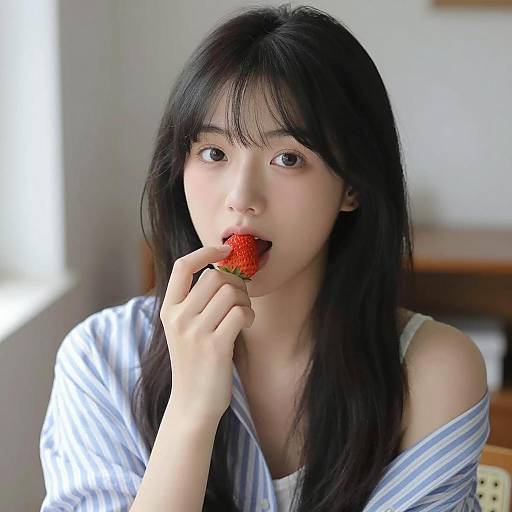Asian Woman Eating Strawberry