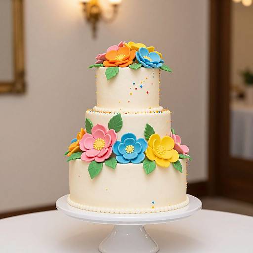 Photograph of a three-tiered white cake adorned with vibrant, colorful fondant flowers (pink, blue, orange, yellow) and green leaves,