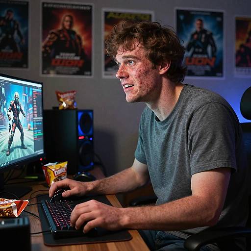 Photograph of a young, curly-haired man in a gray t-shirt, playing video games at a desk with posters of action heroes on the wall behind