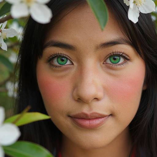 Close-up photograph of a young Asian woman with striking green eyes, rosy cheeks, and black hair, surrounded by white flowers and green leaves.