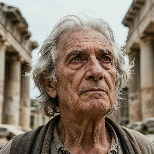 Close-up photograph of an elderly man with weathered, wrinkled face, white wavy hair, and deep-set eyes, standing between ancient stone columns