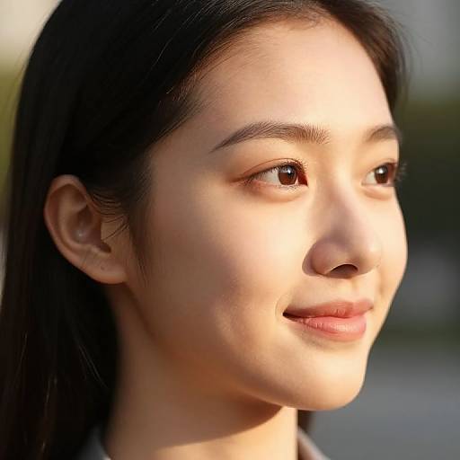 Close-up photograph of a young Asian woman with fair skin, straight black hair, brown eyes, and a subtle smile, bathed in soft sunlight.