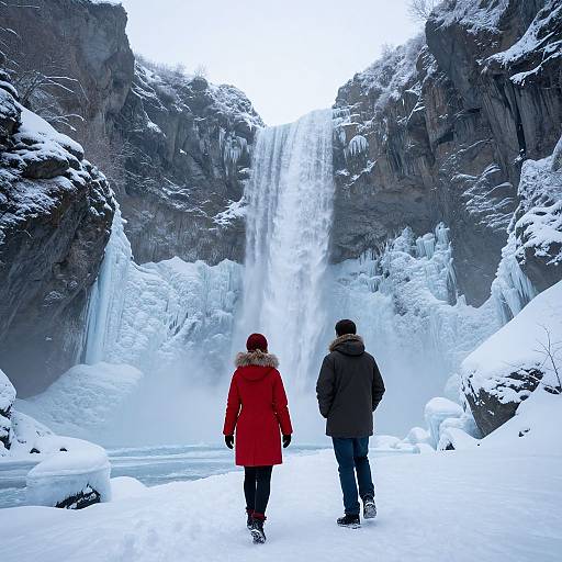 Photograph of two people in winter clothing standing before a towering, icy waterfall between snow-covered, rocky cliffs in a frozen landscape.