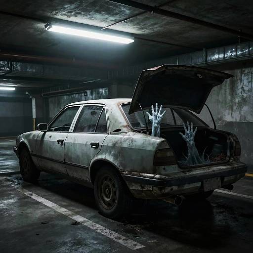 Photograph of a grimy, white, old sedan with its trunk open, revealing eerie, ghostly hands emerging from the trunk in a dimly