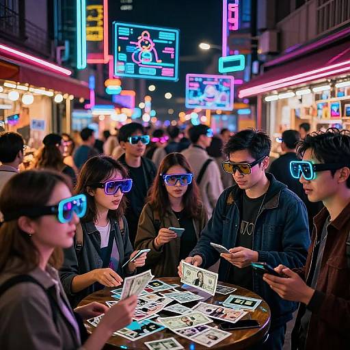 Neon-lit street scene with diverse group of young people wearing VR headsets, playing card game at a bustling night market.
