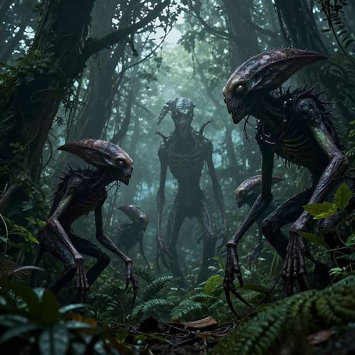 Digital illustration of a dark, misty forest with four menacing, alien creatures with elongated heads and skeletal features, lurking among dense foliage. Creepy
