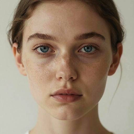 Close-up photograph of a young woman with fair skin, blue eyes, and brown hair, looking directly at the camera, against a plain white background.