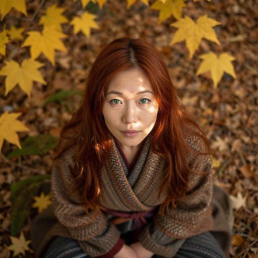 Photograph of a young Asian woman with long red hair, green eyes, and fair skin, sitting on autumn leaves, wearing a brown patterned coat