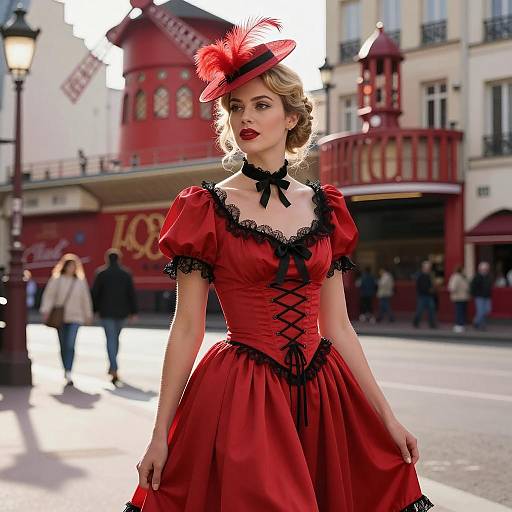 Woman in Red Victorian Dress at Moulin Rouge