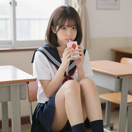 Japanese Schoolgirl Sipping Milk in Classroom