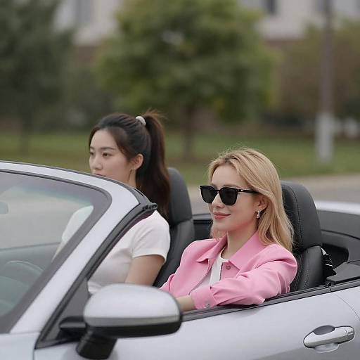 Two Women Driving in Silver Convertible