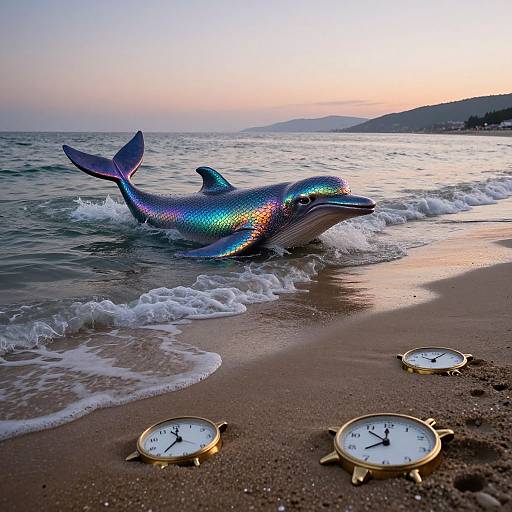Photograph of a rainbow-colored dolphin leaping in the ocean waves at sunset, with three gold-cased clocks on the sandy shore.