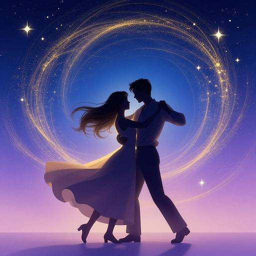 Digital illustration of a silhouetted dancing couple against a cosmic background with swirling golden rings and stars, set in a gradient of purple and blue.