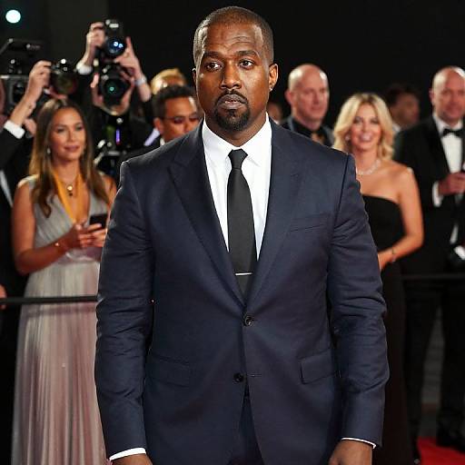 Photograph of a Black man in a dark navy suit, white shirt, and black tie, standing confidently at a red carpet event with photographers and eleg