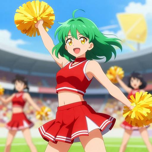 Anime-style digital illustration of a green-haired cheerleader in a red outfit, holding yellow pom-poms, cheering energetically in a stadium.