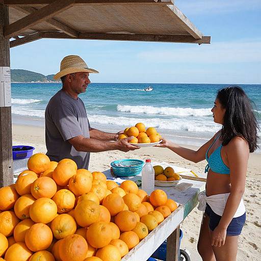 Photograph of a beach vendor in a straw hat selling oranges to a woman in a blue bikini and black shorts. Ocean and waves in the background.