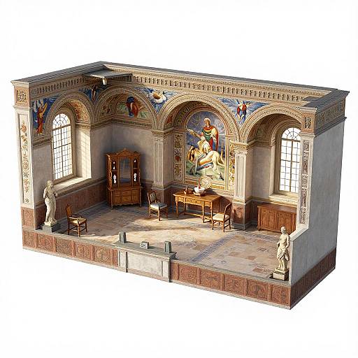 Photorealistic CGI of an ornate, sunlit room with arched windows, intricate frescoes, classical statues, wooden furniture, and detailed marble