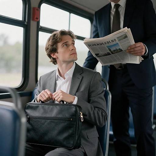 Businessman Sitting on Bus Holding Briefcase