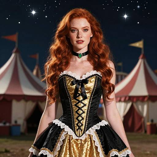 Photograph of a red-haired woman with long curls, wearing a black and gold corset dress with white lace, standing in front of circus tents at