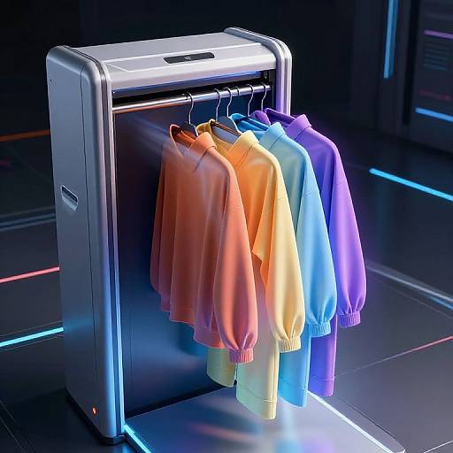 Photograph of a futuristic neon-lit clothing rack holding four colorful, gradient-sweater shirts in orange, yellow, blue, and purple.