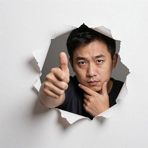 Serious Asian Man Emerging Through Torn Paper