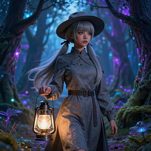 Digital art: Young woman with long silver hair, wearing a gray dress and hat, holding a lantern in a mystical, bioluminescent forest.