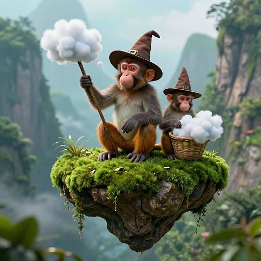 Digital CGI of two whimsical monkeys in brown wizard hats, holding fluffy smoke sticks, sitting on a mossy rock in a misty, mountainous