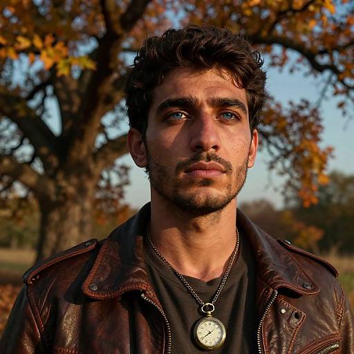Photograph of a handsome, bearded man with curly dark hair, blue eyes, wearing a brown leather jacket and black shirt, with a silver pendant