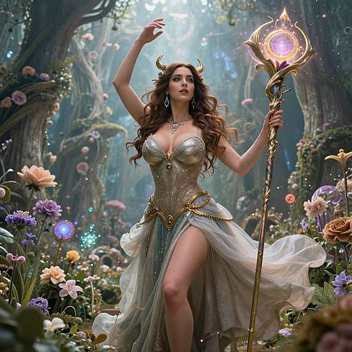 Digital fantasy artwork of a horned, fair-skinned woman with long brown hair, wearing a silver, strapless dress and holding a glowing staff in