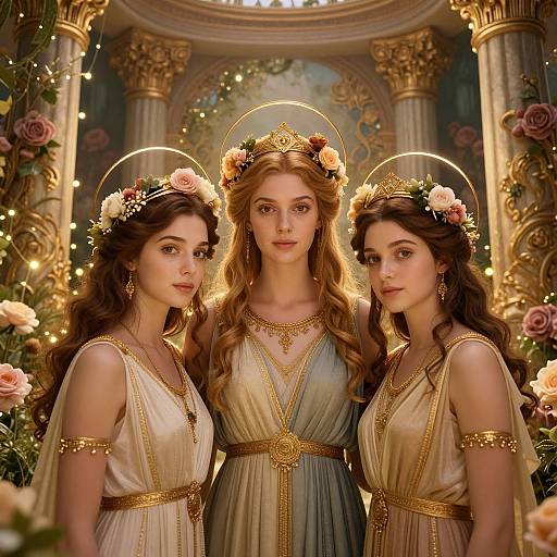 Photorealistic digital painting of three beautiful women with wavy brown hair, wearing golden flower crowns, and beige, gold-embroidered dresses