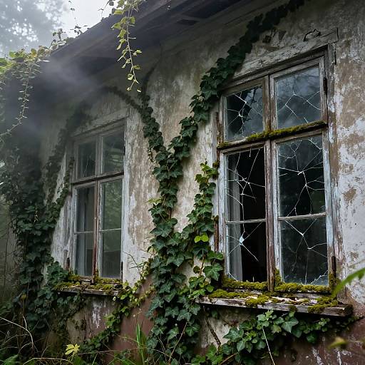 Photograph of a weathered, ivy-covered abandoned building with two cracked, mossy windows, sunlight filtering through trees in the background.