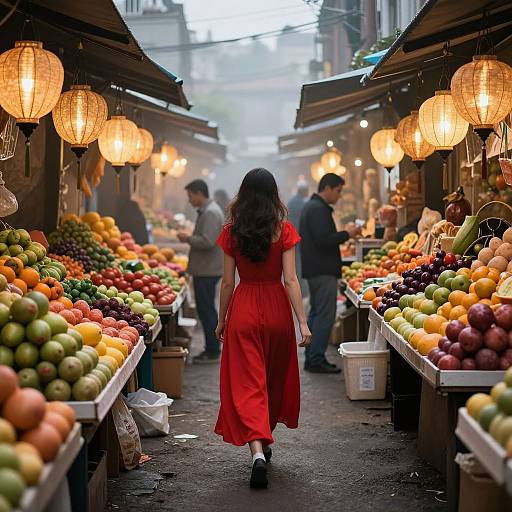 Photograph of a bustling market aisle with a woman in a red dress walking away, surrounded by colorful fruits, hanging lanterns, and shoppers in the